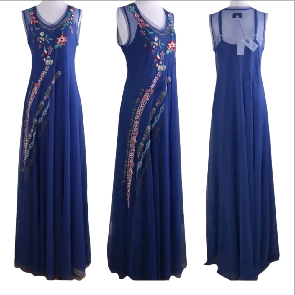 NWT Johnny Was Mazzy Bias Blue Embroidered Maxi Dress M - Picture 4 of 13